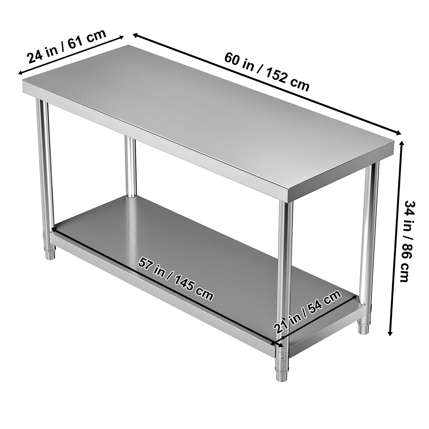 VEVOR Stainless Steel Prep Table Heavy Duty Adjustable Undershelf 550lbs