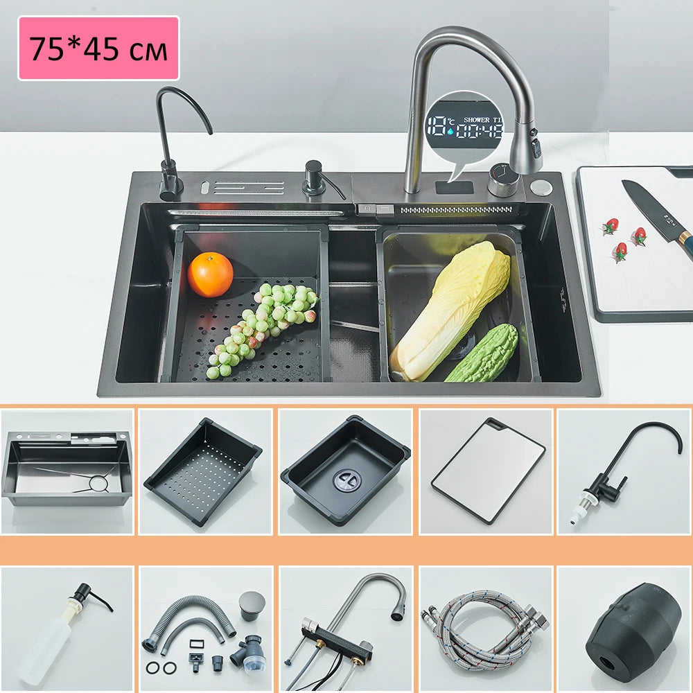 Large Stainless Steel Kitchen Sink 75x45cm with Faucet Digital Display