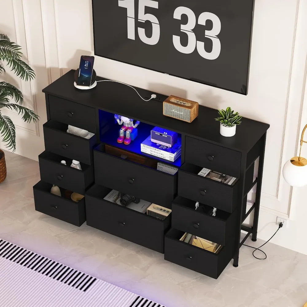 Dresser with Charging Station LED Lights 10 Drawers Modern Storage Unit