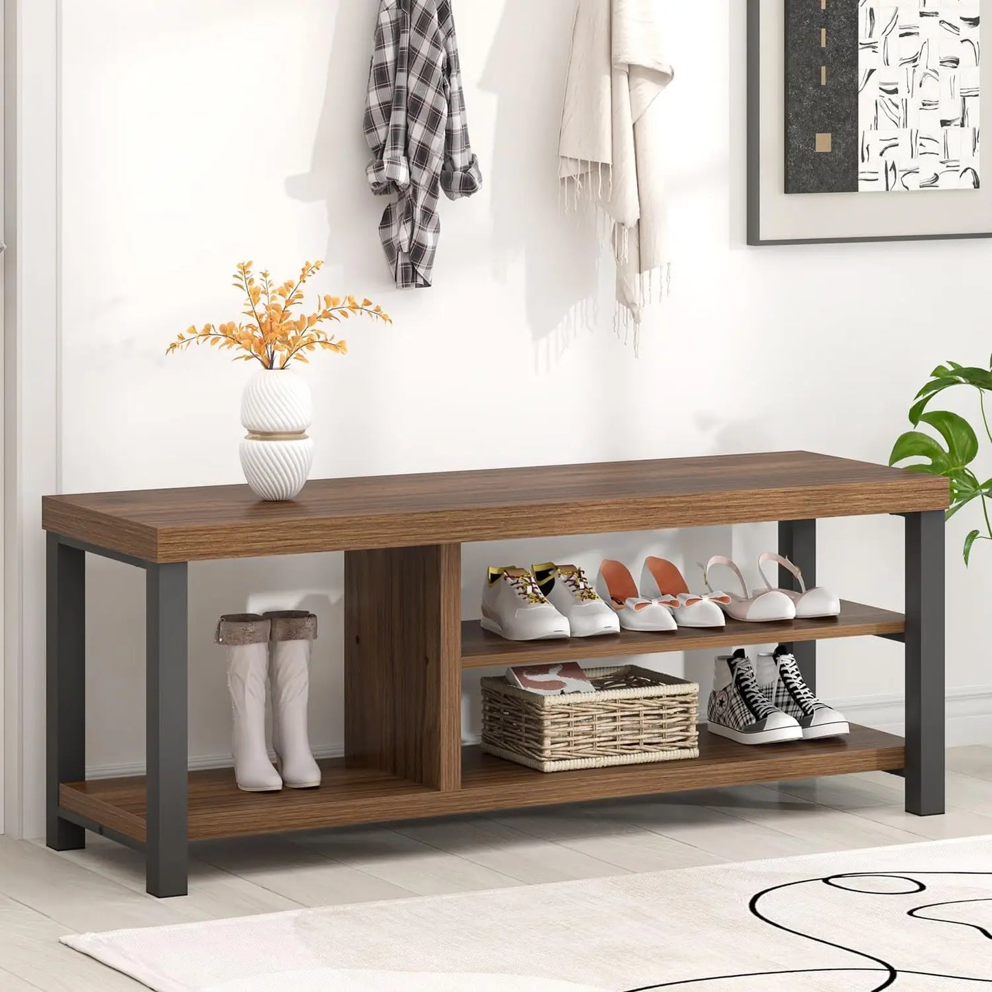 Entryway Bench with Shoe Storage Rustic Wooden Hallway Furniture