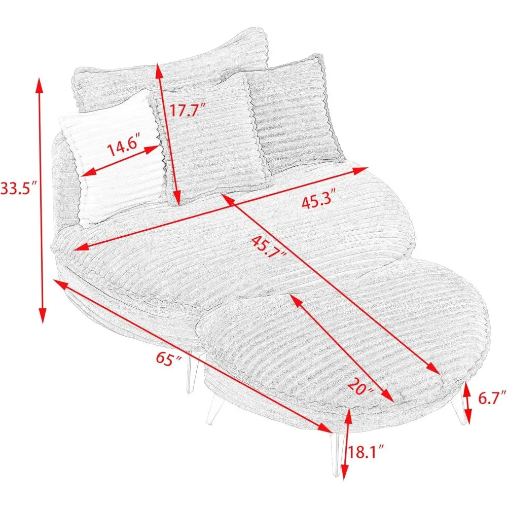 Mid-Century Modern Sofa Chaise Lounge Corduroy Fabric Metal Legs