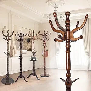 Freestanding Coat Rack Solid Wood 14 Hooks Adjustable Height Stand