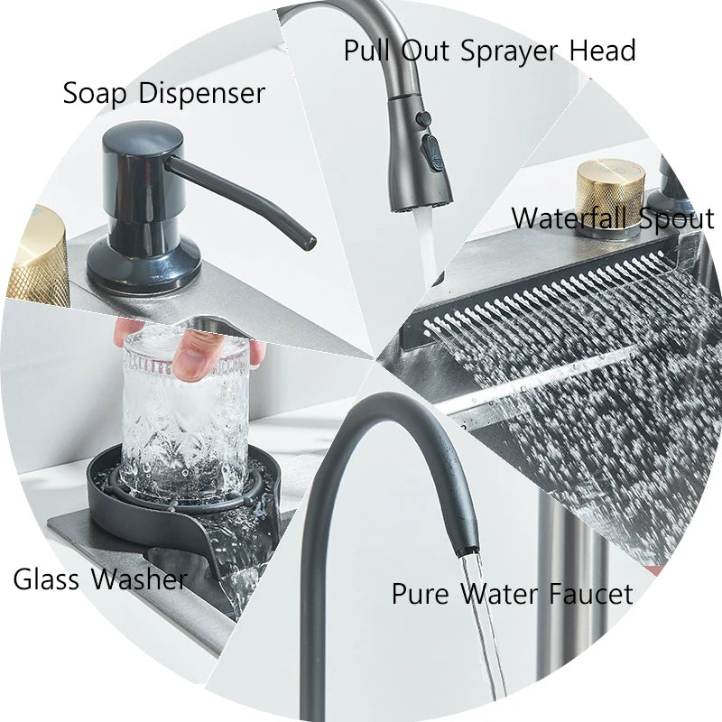 Ljustra Stainless Steel Waterfall Kitchen Sink Integrated Faucet Dispenser