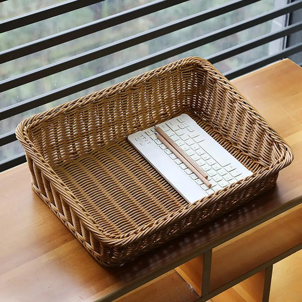 Rectangular Rattan Serving Tray Wicker Storage Basket With Handles