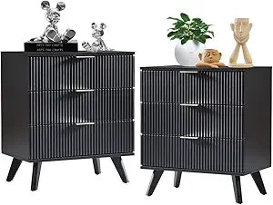 Mid Century Modern 3 Drawer Dresser Nightstand Storage Cabinet Set of 2