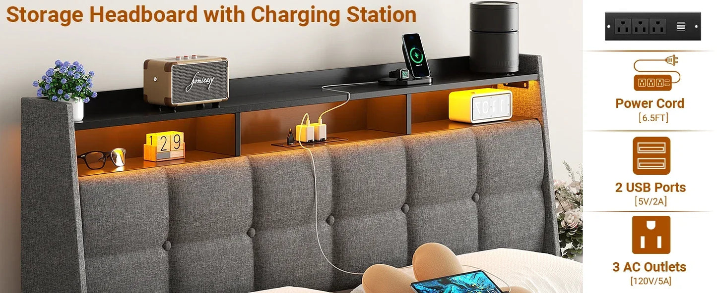 Ljustra Upholstered Full Bed Frame with Storage Headboard and LED Light