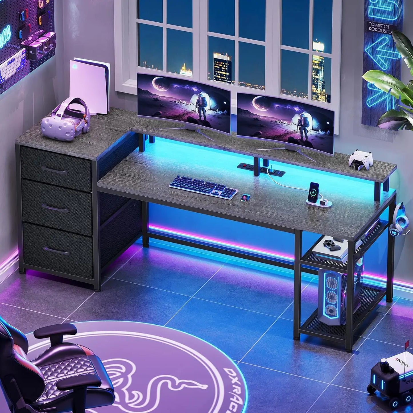 59 Inch Office Desk with Drawers Gaming Desk LED Lights Power Outlet