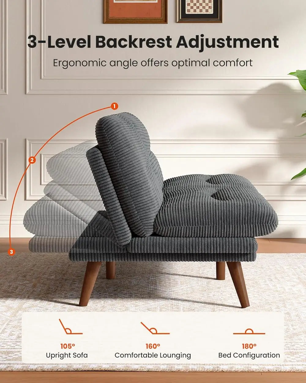 Ljustra 66 Inch Adjustable Backrest Armrests Futon Sofa Bed Sleeper