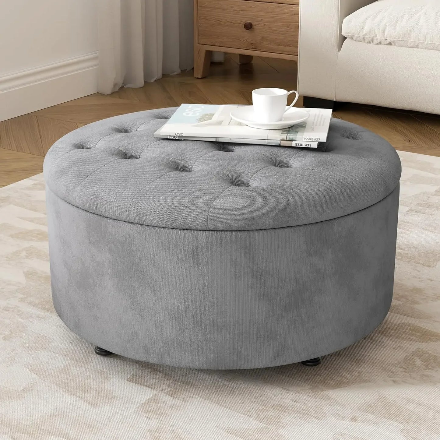 30 Inch Round Storage Ottoman Modern Tufted Coffee Table Upholstered