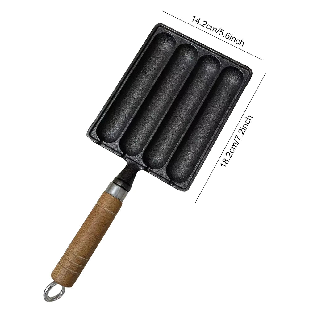 Cast Iron Pre-Seasoned Sausage Pan Non-Stick Hot Dog Mold with Wooden Handle