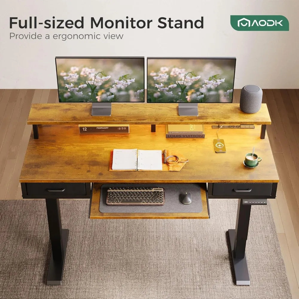 Electric Standing Desk with Drawers Keyboard Tray Power Outlets LED Lights