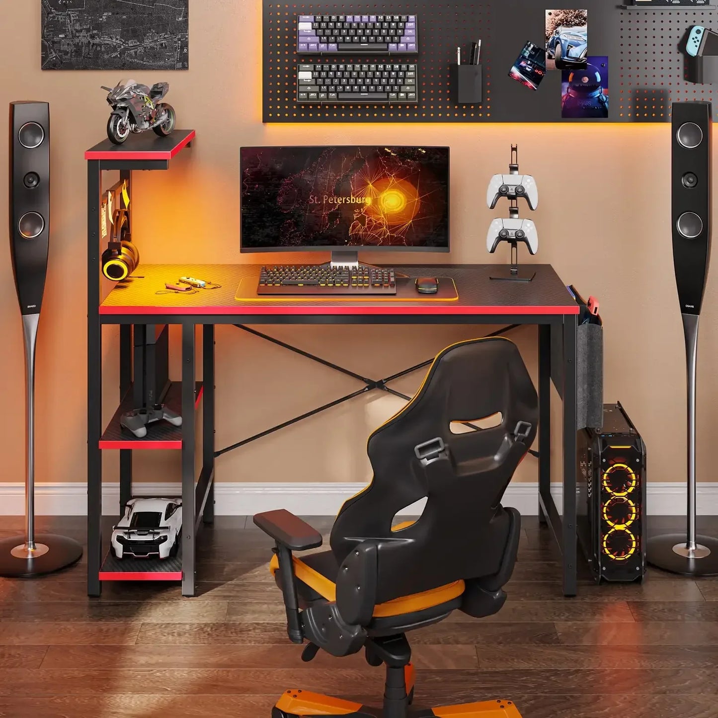 Computer Gaming Desk 44 Inch with LED Lights Reversible Shelves Carbon Fiber