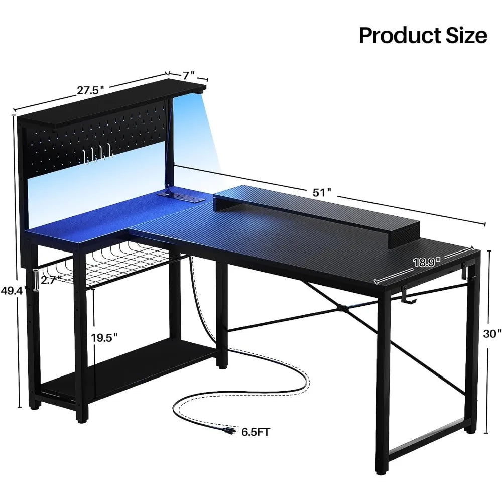Small Gaming Desk with LED Light Storage Pegboard and Power Outlets