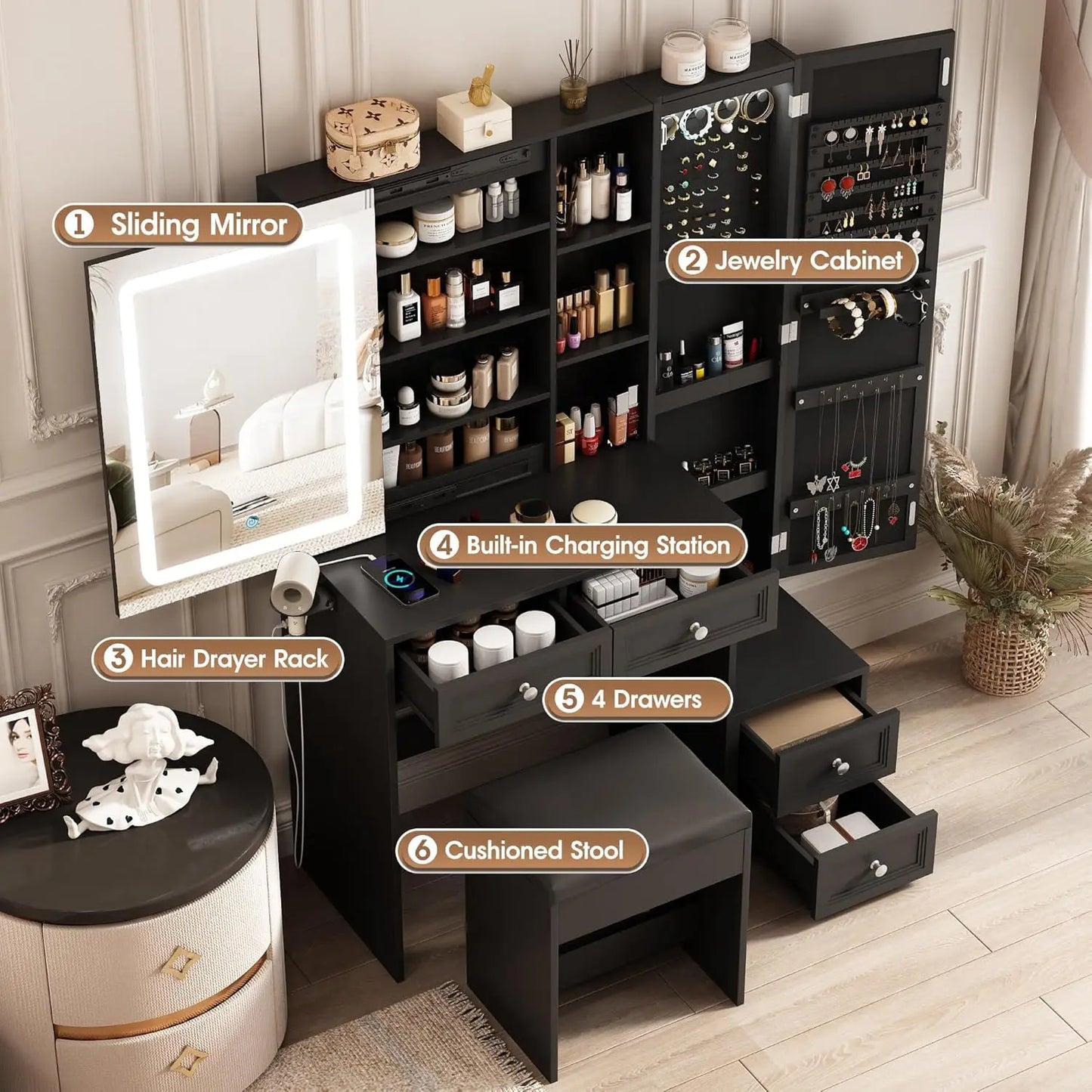 Makeup Vanity Desk with LED Mirror Jewelry Storage Charging Station