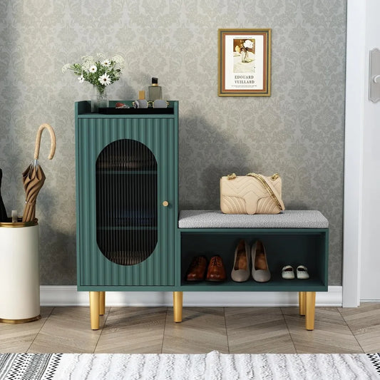 Modern Entryway Storage Bench with Glass Door and Padded Seat