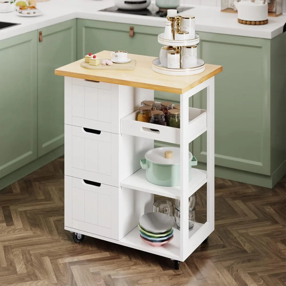 Kitchen Island Storage Cart Rolling Microwave Cart with 3 Drawers