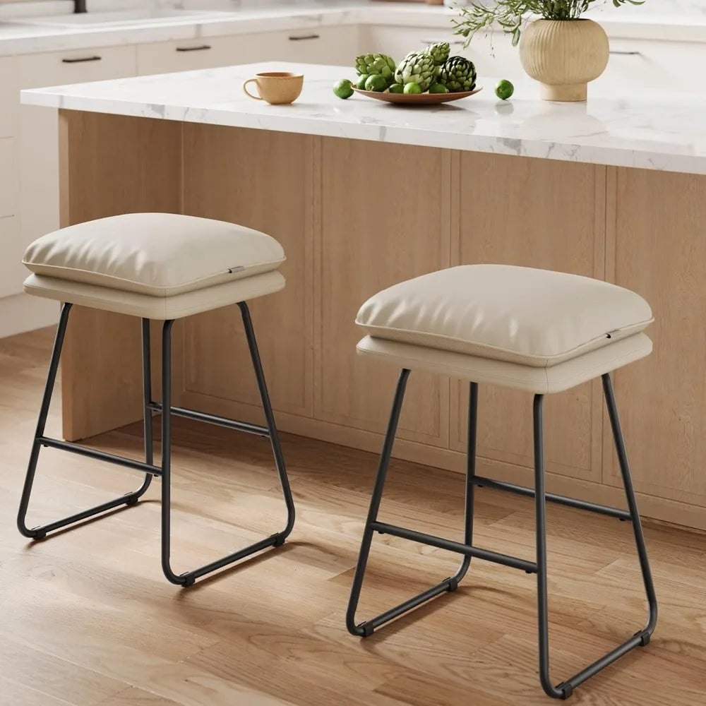 Bar Stools Set of 2 Counter Height Leather Cushion Metal Legs 25.6 In
