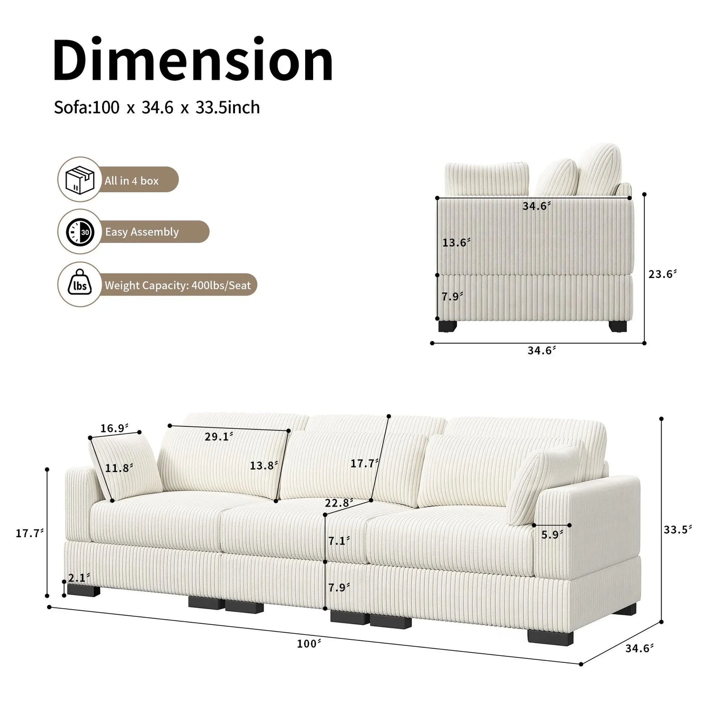 Corduroy Modular Sectional Sofa Modern Cloud Couch Living Room Furniture