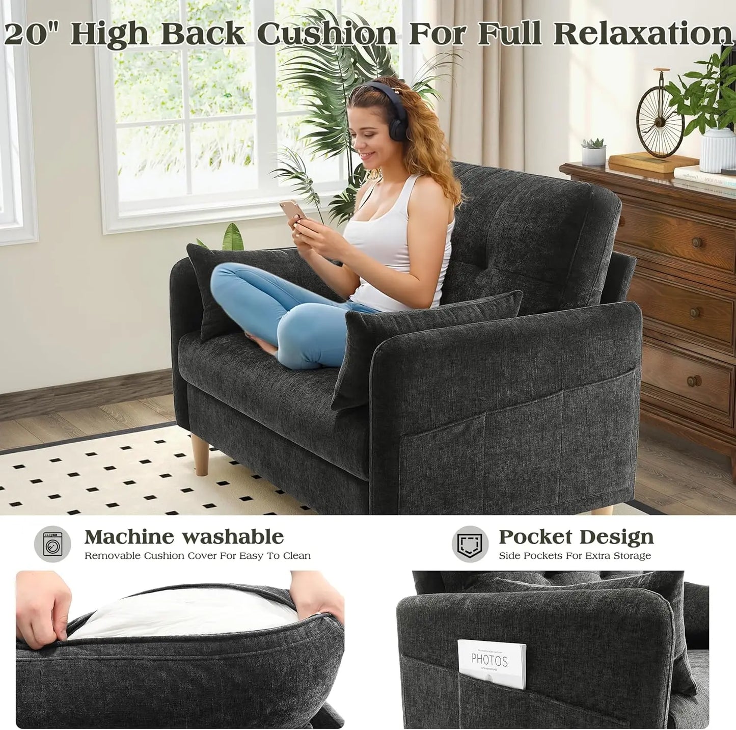 Ljustra 47 Inch Small Sofa Couch Comfy Chenille Love Seat for Living Room