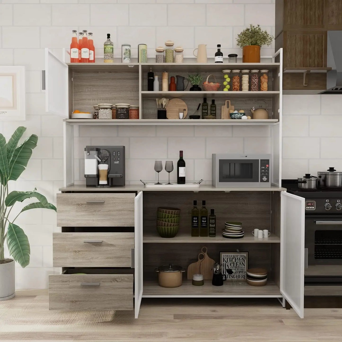 Large Kitchen Hutch Cabinet Storage Cupboard with Microwave Shelf