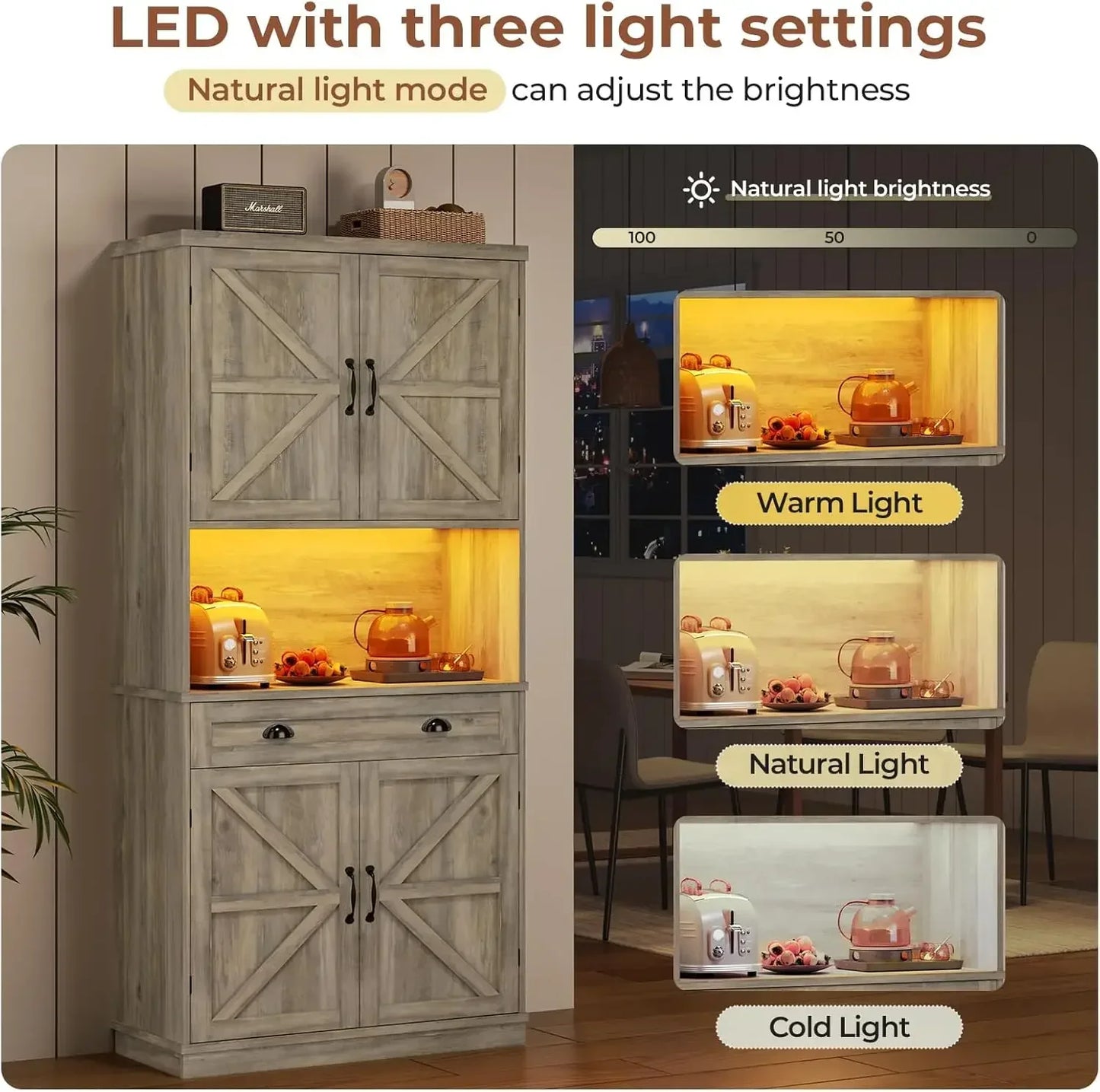 Farmhouse Kitchen Pantry Cabinet with Adjustable Shelves and LED Lights