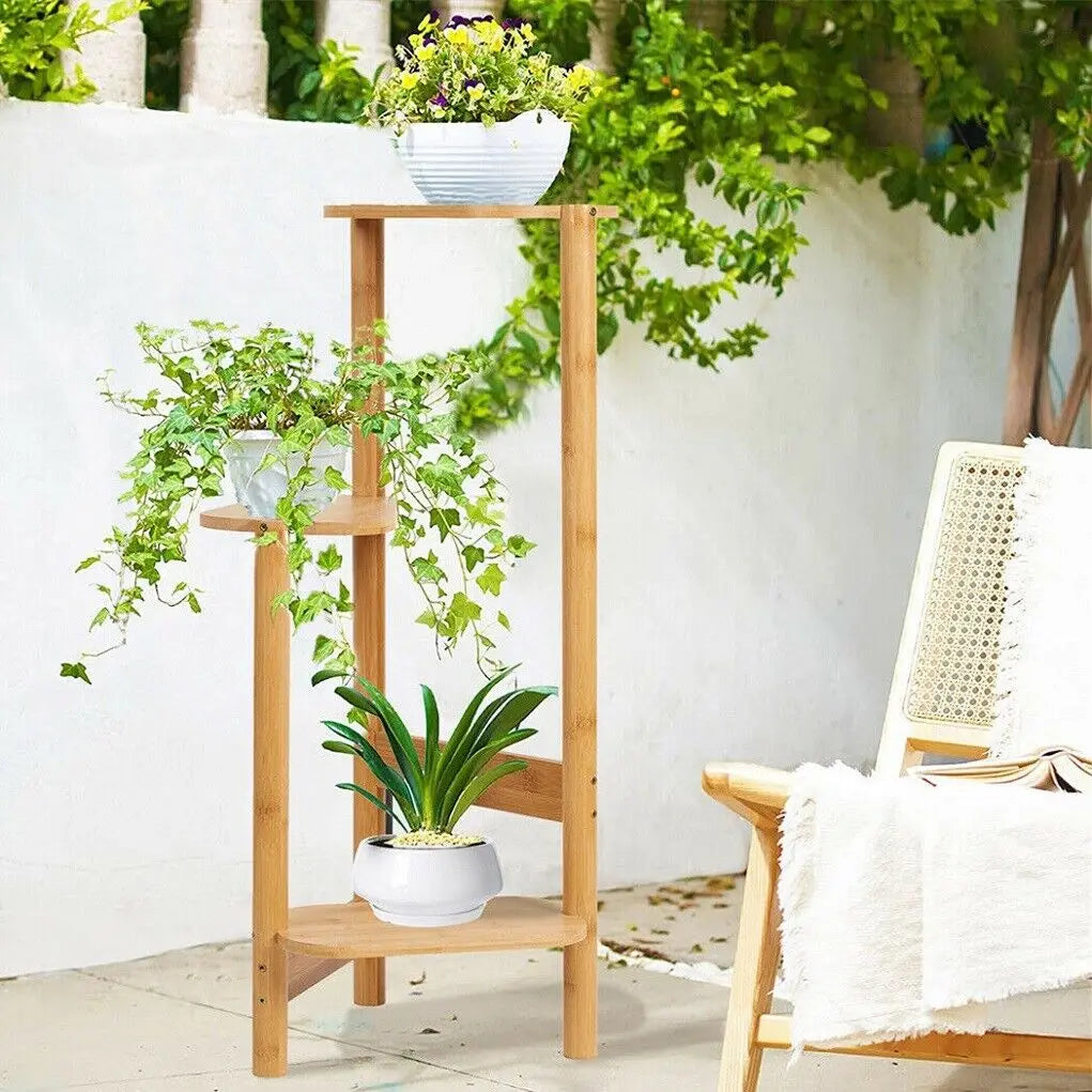 3 Tier Bamboo Tall Corner Plant Rack Planter Stand for Balcony Garden