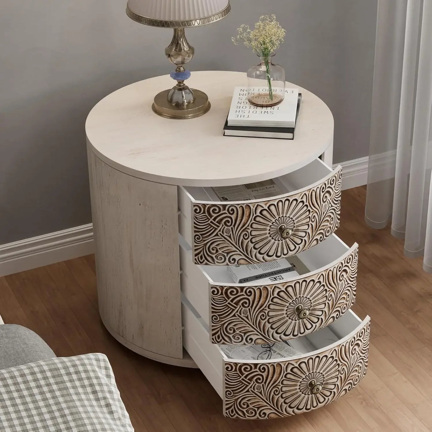 3 Drawer Chest Storage Cabinet Round Nightstand Bedside Table MDF