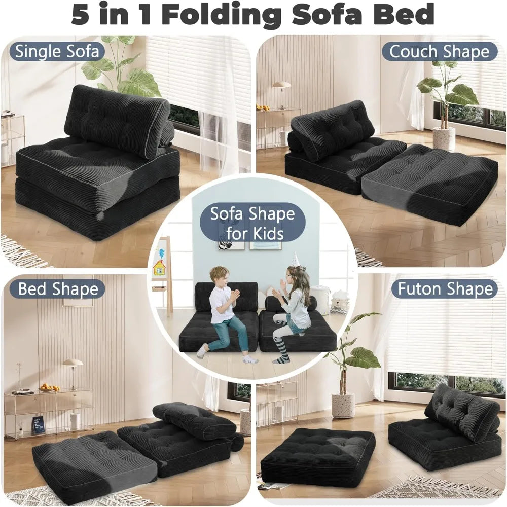 5-in-1 Convertible Corduroy Sleeper Chair Bed, Folding Sofa Couch with Pillow – Black