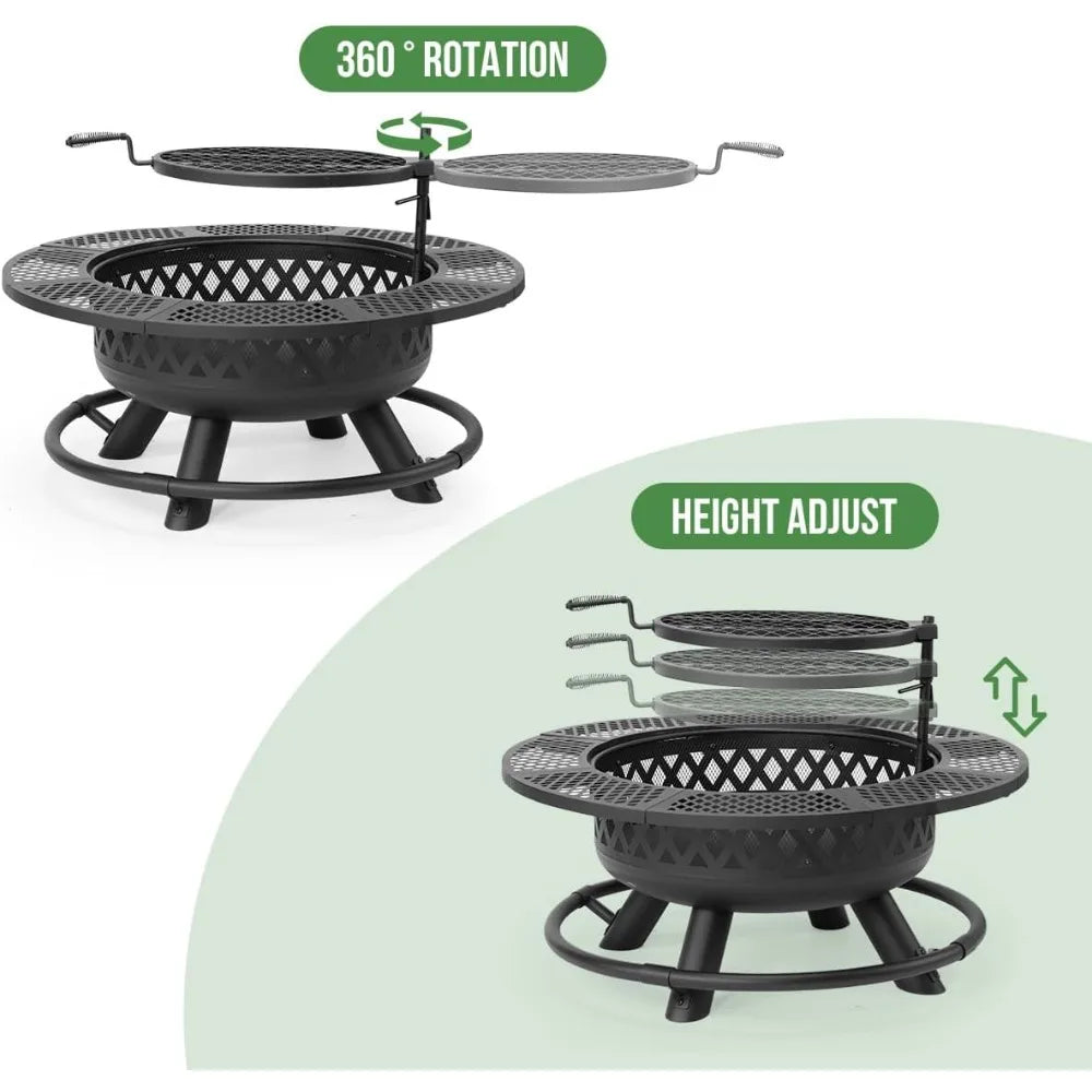 36 Inch Fire Pit with Grill Wood Burning Outdoor Fire Pit Table