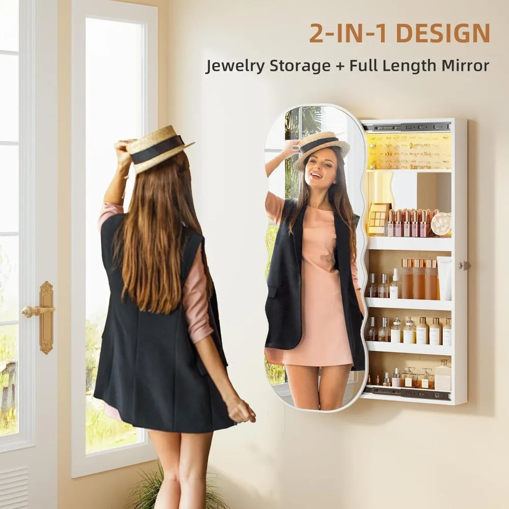 Jewelry Armoire with LED Lights Lockable Wavy Mirror Jewelry Organizer