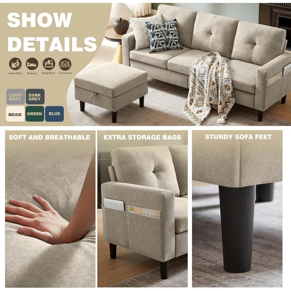 Ljustra Convertible Sectional Sofa Set Modern 3-Seat Couch Reversible Chaise