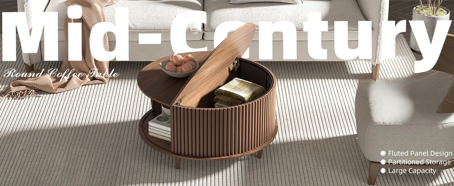 Round Coffee Table with Storage Mid Century Modern Sliding Door Table