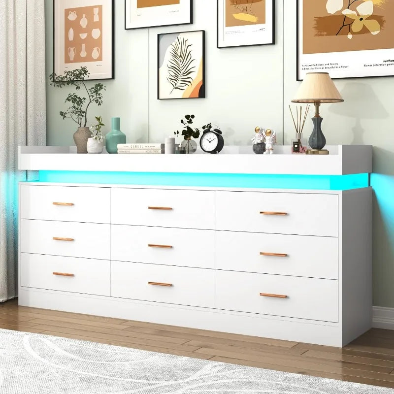 Modern 9 Drawer Dresser with LED Light and Charging Station