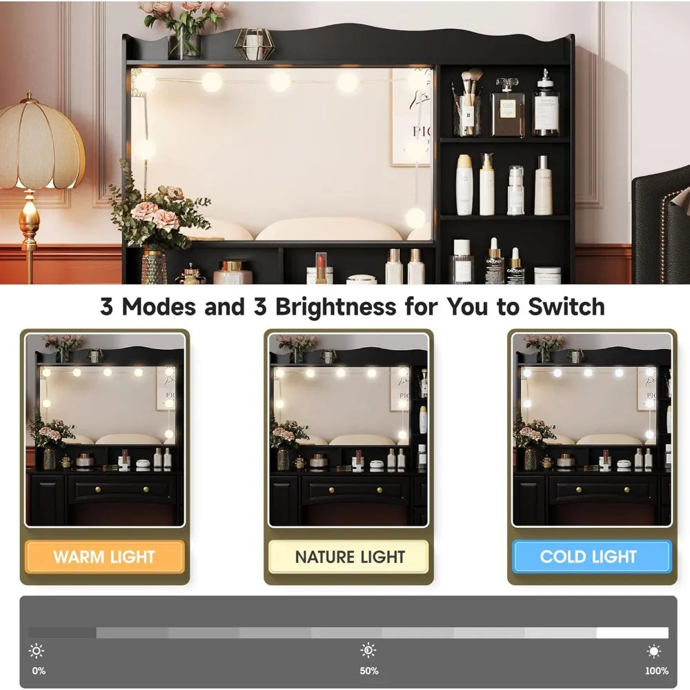 Makeup Vanity with Mirror and Lights Large Black Dressing Table