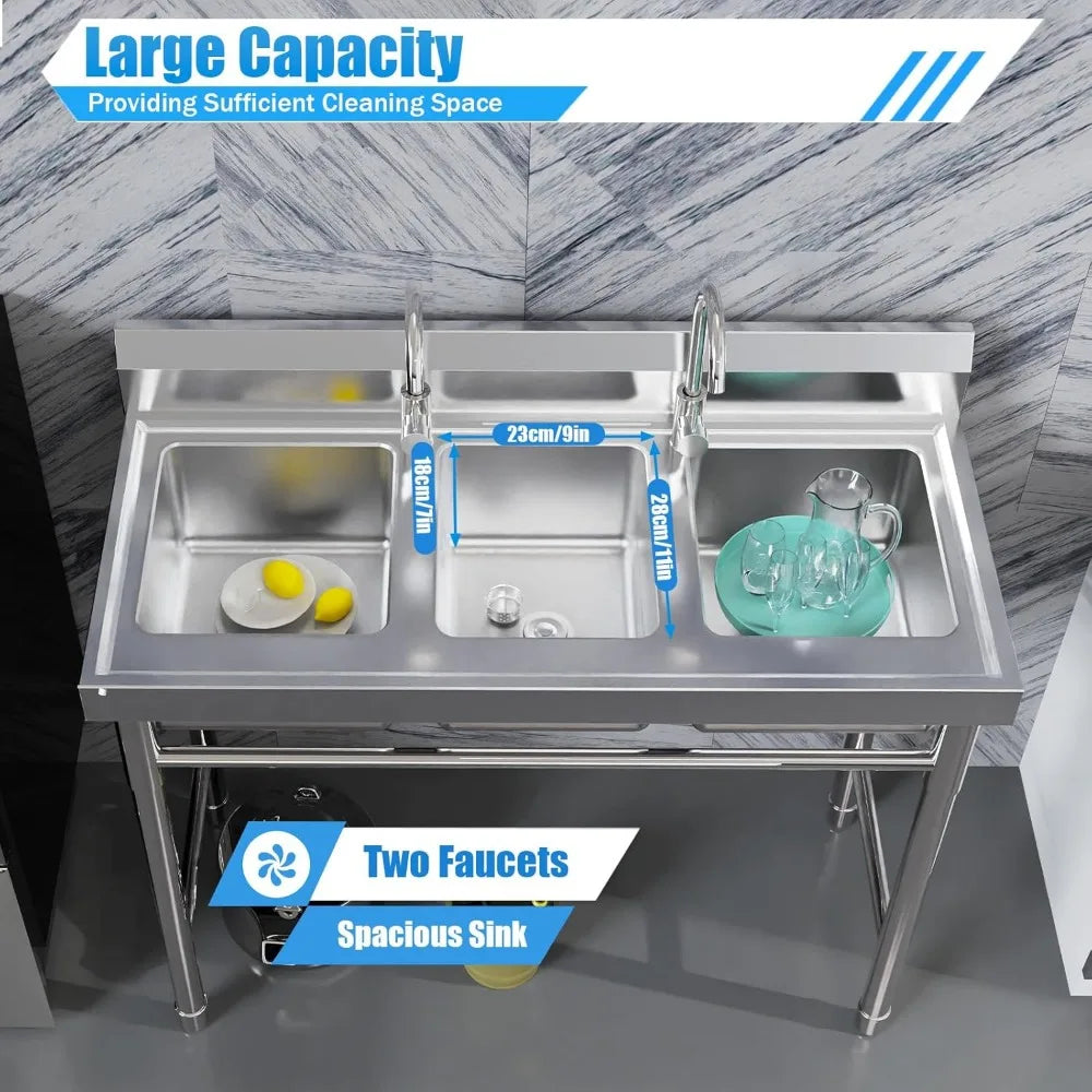 3 Compartment Stainless Steel Utility Sink with Hot Cold Faucets