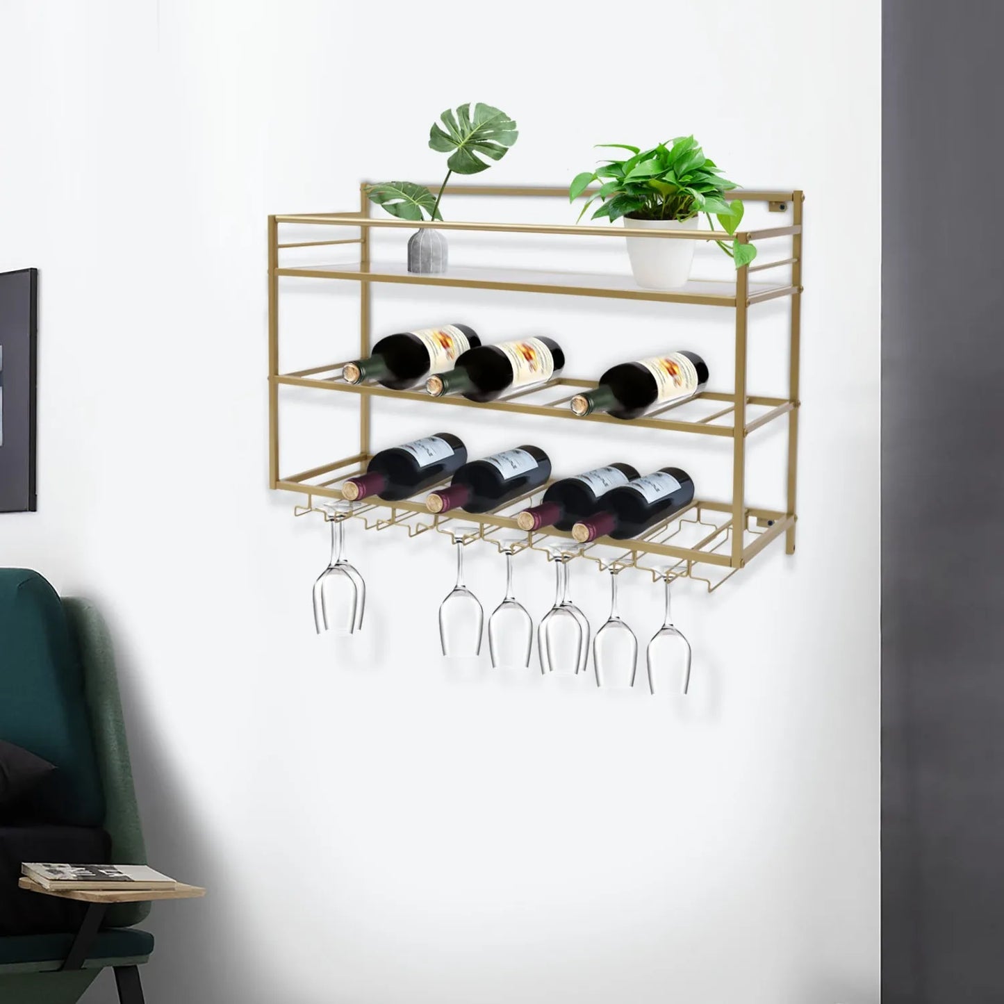 Wine Rack Wall Mounted 3 Layer Metal Storage Shelf Goblet Holder