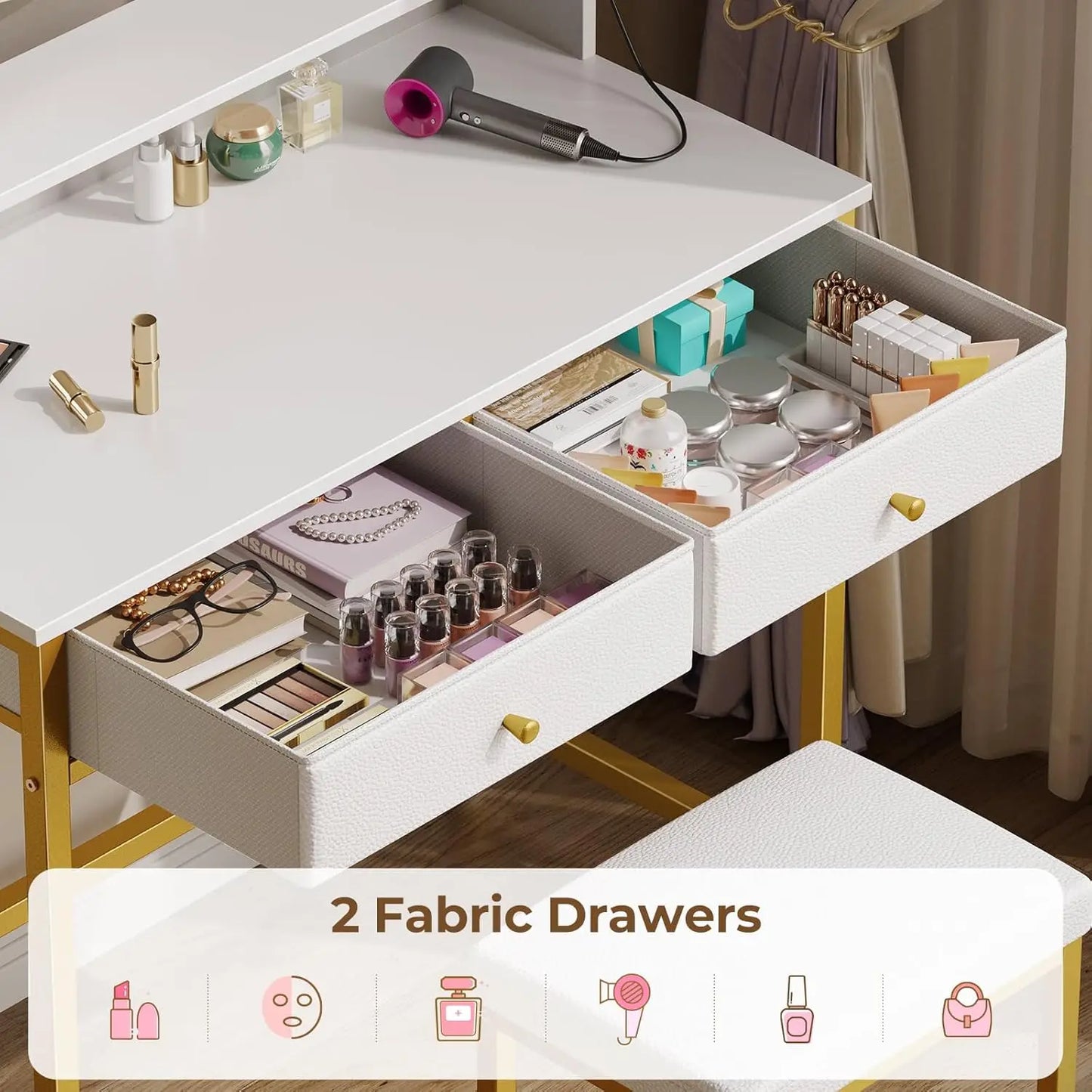 Vanity Desk with Drawers and Charging Station for Bedroom Home Office