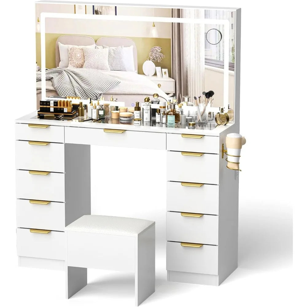Ljustra Glass Top Vanity Desk with Mirror and Lights 11 Drawers Stylish Design