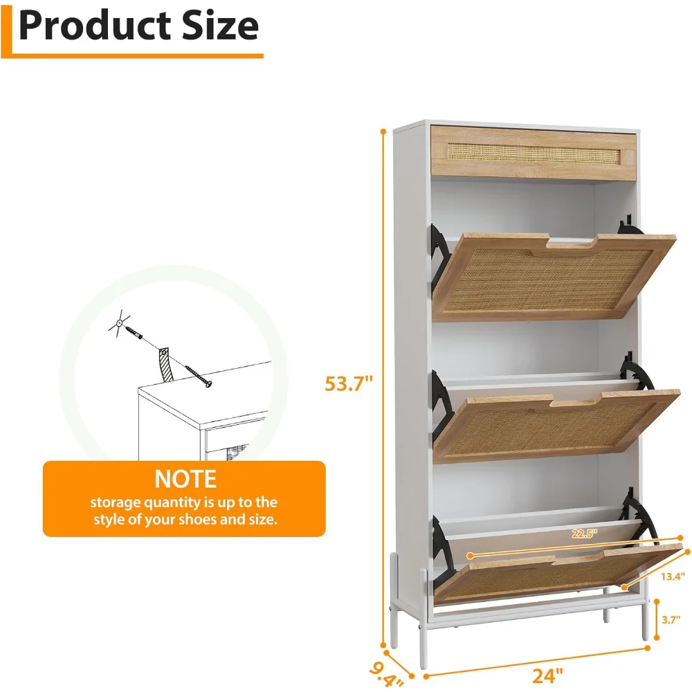 Shoe Cabinet Storage Organizer Rattan Entryway Freestanding Flip Drawers