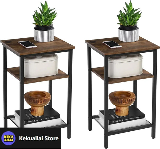 End Table Set of 2 Nightstands 3-Tier Steel Frame Easy Assembly