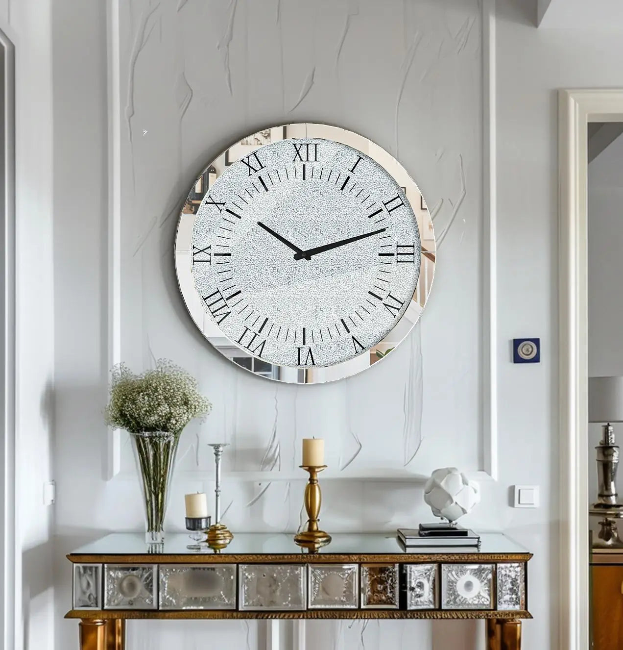 60x60CM Crystal Crush Diamond Round Wall Clock Home Decor Quartz