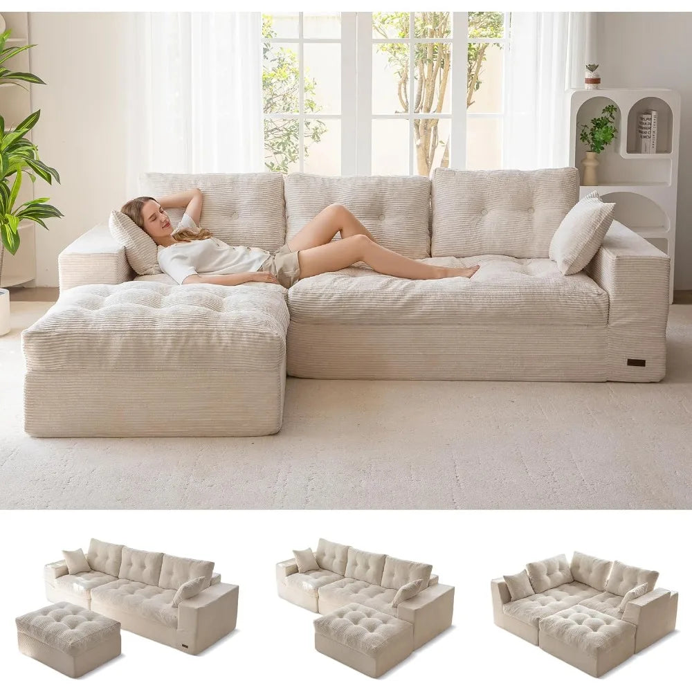 L-Shaped Sectional Sofa Convertible Ottoman Modular Couch Tufted Upholstered