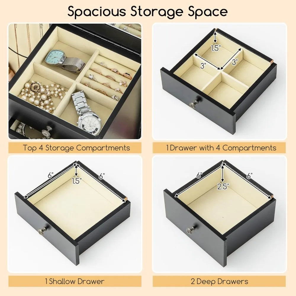 Jewelry Cabinet Armoire Chest with 4 Drawers Flip Top Mirror Hooks