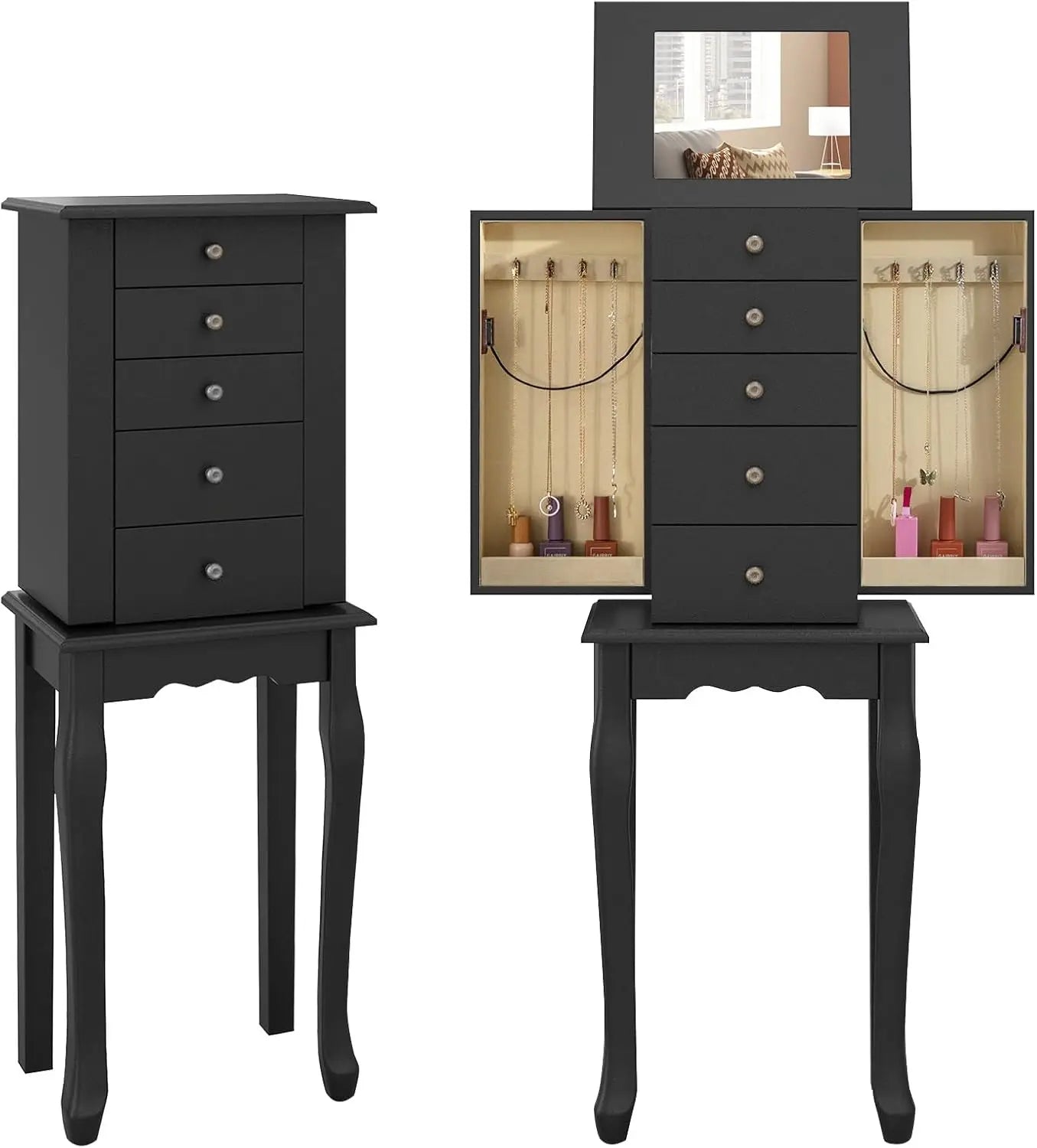 Jewelry Cabinet Armoire Chest with 4 Drawers Flip Top Mirror Hooks