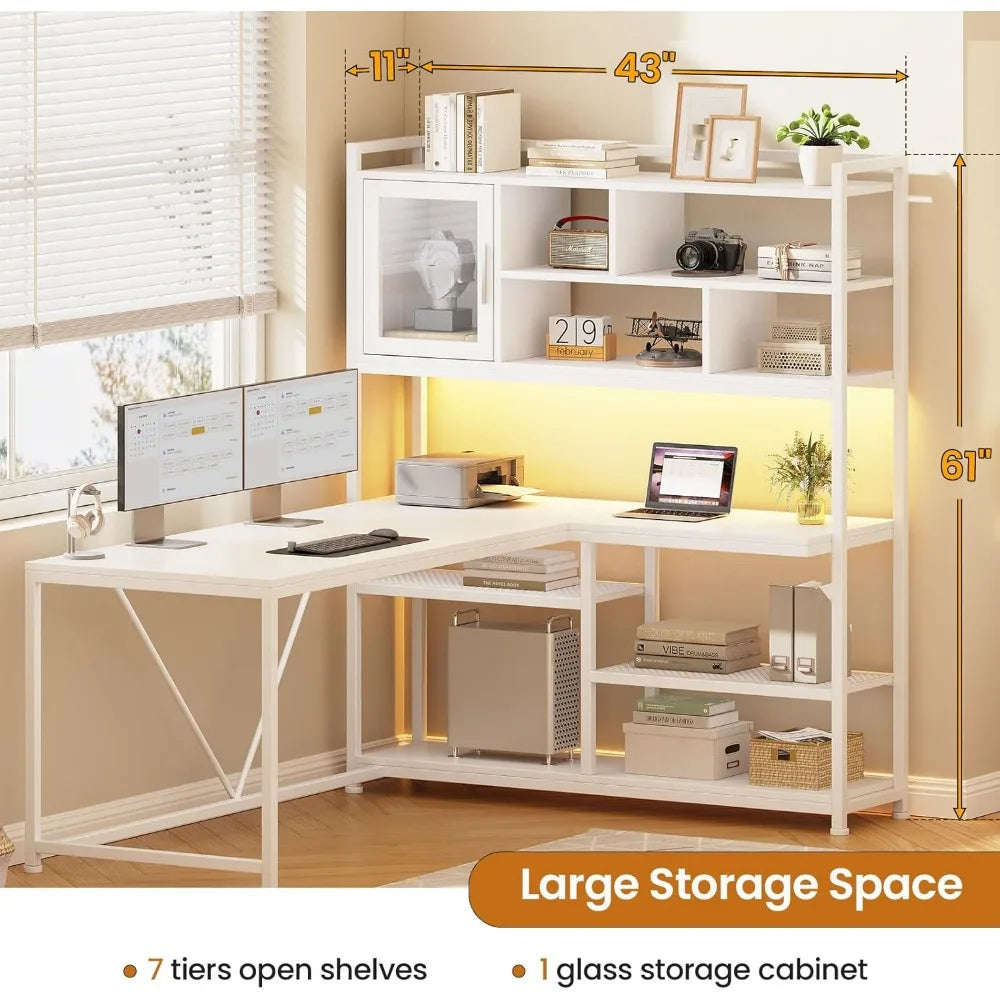 L Shaped Computer Desk with LED Light and Bookshelf for Home Office