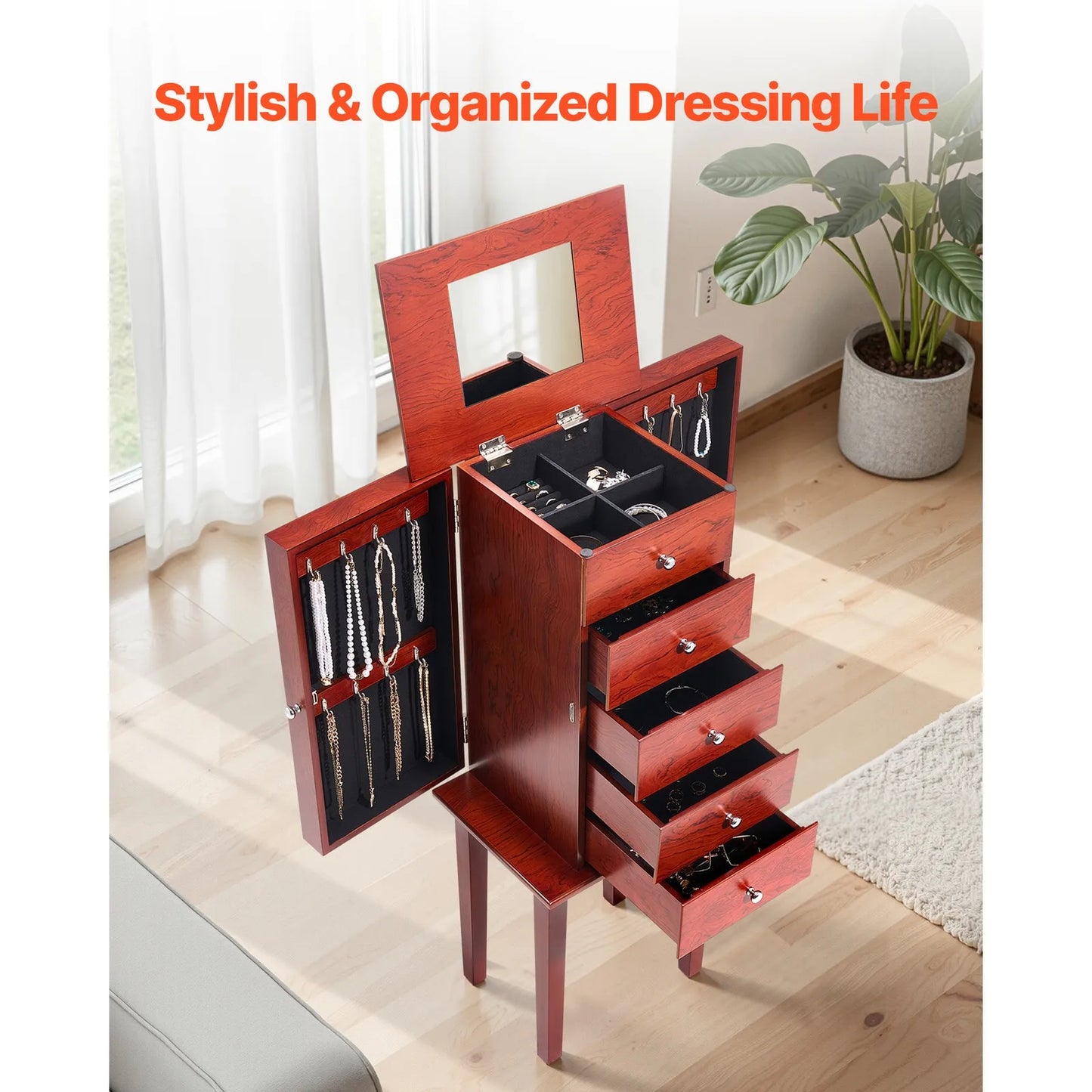 Jewelry Cabinet Armoire Standing Storage Chest with Mirror and Drawers