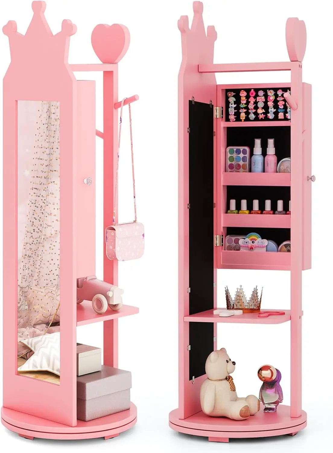 Kids Jewelry Armoire 360° Swivel Cabinet Full Length Mirror Garment Rack