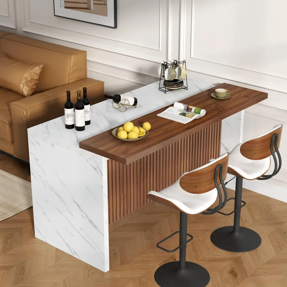 63 Inch Large Imitation Marble Bar Table with LED Lights Modern Design