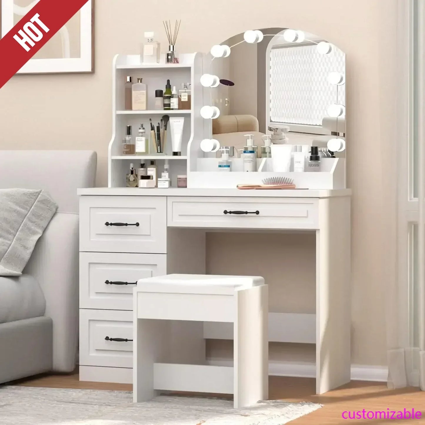 Makeup Vanity Desk with 4 Drawers and 3 Lighting Colors Large Size