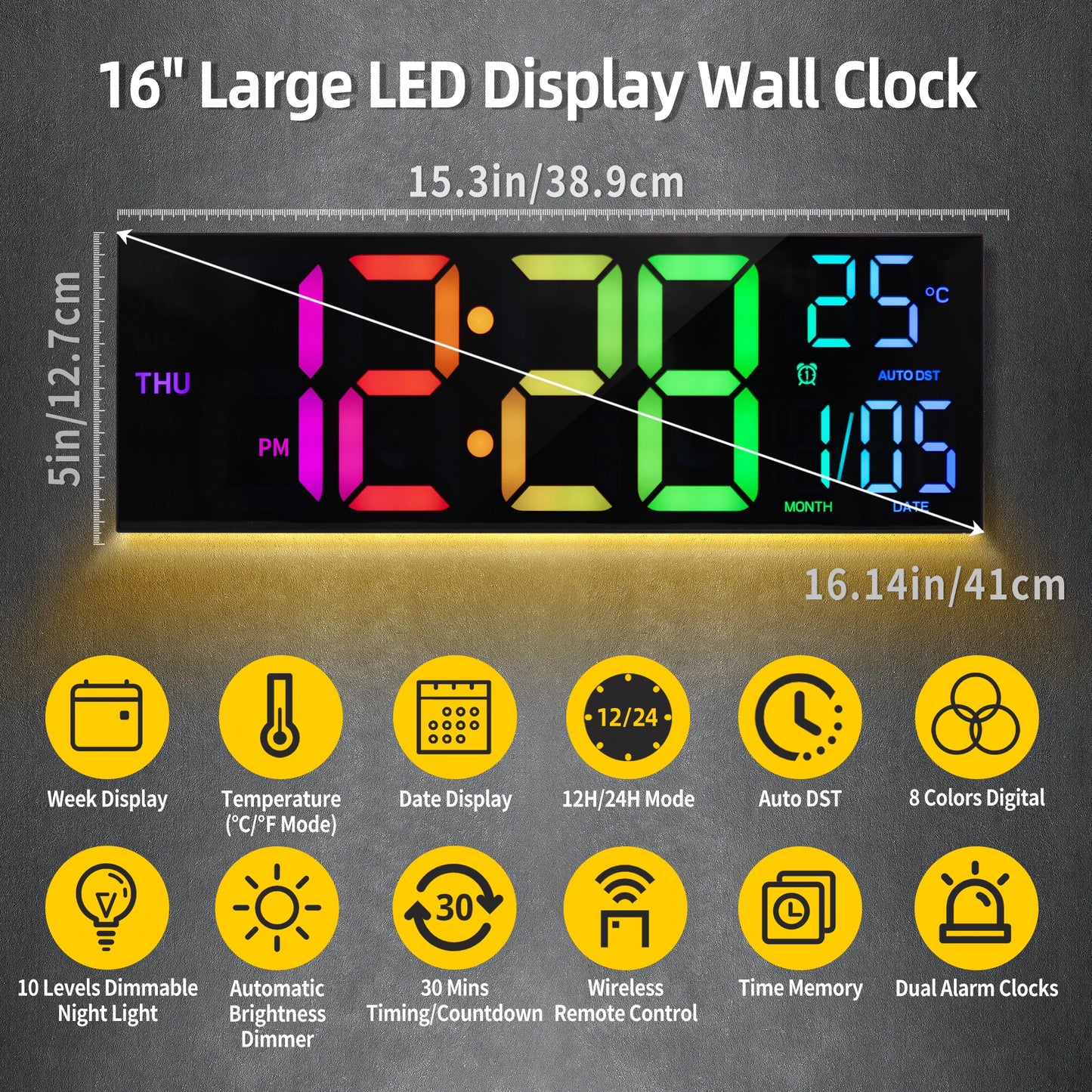 Large Digital Wall Clock LED Display Remote Alarm Temperature RGB